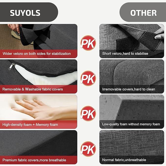 Folding Sofa Bed with Pillows- Convertible Chair Floor Couch & Sleeping Mattress, Foldable Memory Foam Sleeper for Living Room/Dorm/Guest Room/Home Office/Apartment/Loft, Full, Dark Gray