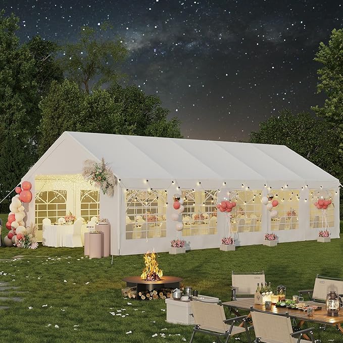 Aoxun 32x16 Party Tent Canopy for Weddings Waterproof Event Tent with Removable Sidewalls &Roll-up Door, Heavy-Duty Steel Frame for Outdoor Weddings, BBQ, Birthday Parties, & Camping,White