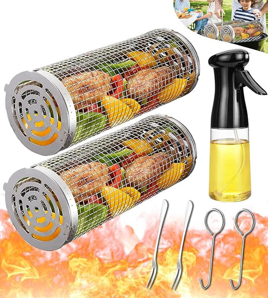 Rolling Grilling Baskets for Outdoor Grill Bbq Net Tube Large Roatating Circular Vegie Baskeys for Charcoal Flat Top Cooking Basket Gadgets for Grillbaskets Griller Gift for Men from Wife Girlfriend