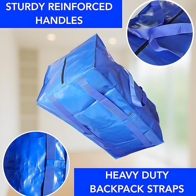 Extra Large Moving Bags - 6-Pack Heavy Duty Storage Duffel - Sturdy Backpack Straps Handles, Zippers - Reusable Moving Storage Bags for Clothes - Folding Collapsible Storage Tote Bag Set – Blue