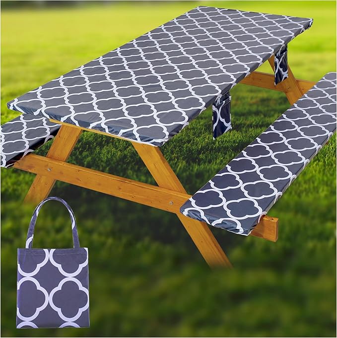 Fitted Picnic Table Cover with Bench Covers Waterproof Elastic Edges Rectangle Patio Tablecloth Outdoor Camping Essentials Stuff Rv Accessories Summer Trip Travel Supplies Party Camper Gifts, 8 ft
