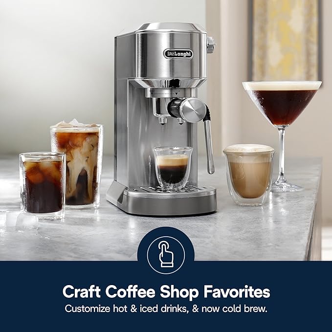 De'Longhi Dedica Duo Compact Espresso Machine - Cold Brew Coffee Maker with Milk Frother Wand- for Espresso, Hot & Iced Coffee, Cappuccinos, Lattes & Home Barista Brewing, Stainless Steel