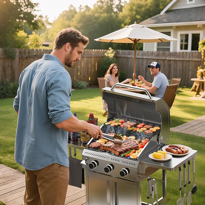 3-Burner Gas Grill with Folding Side Tables,Stainless Steel 24,000 BTU BBQ Grill,Outdoor Propane Grill for Barbecue,Patio,Camping