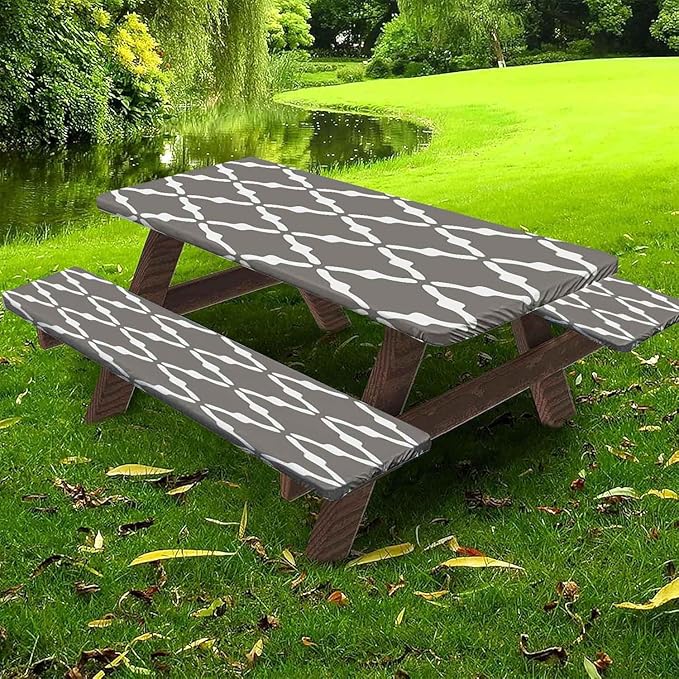 CAPSCEOLL Fitted Picnic Table Cover with Bench Covers with Elastic 6Ft Waterproof Camping Picnic Table Cover Cloths for Outdoors Camping Tablecloth with Drawstring Bag, 72X30in, White Grey