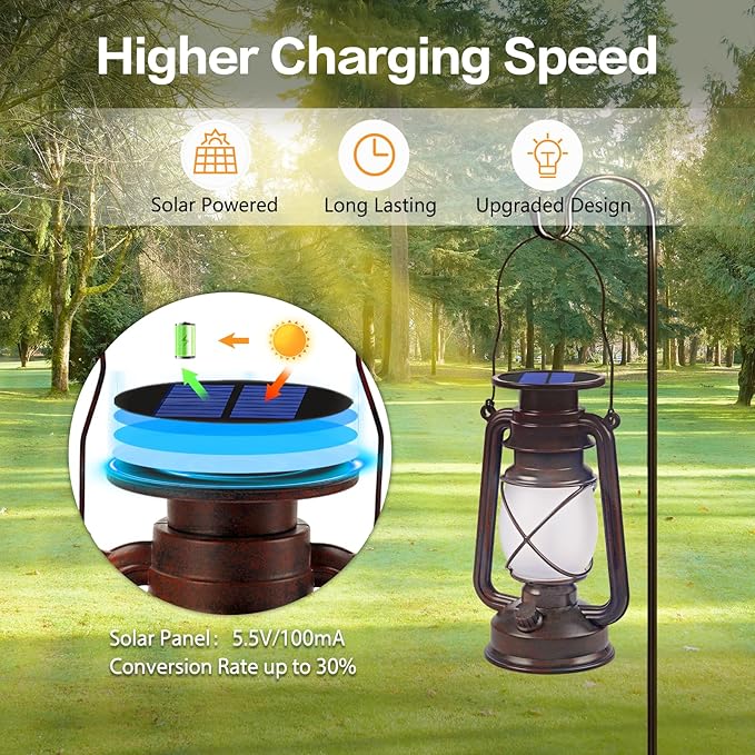 Solar Powered LED Lanterns Decorative Outdoor,2 Pack Bronze Vintage Lanterns with Dancing Flame,Waterproof Solar Hanging Lights for Camping Patio Garden Yard Pathway Decor