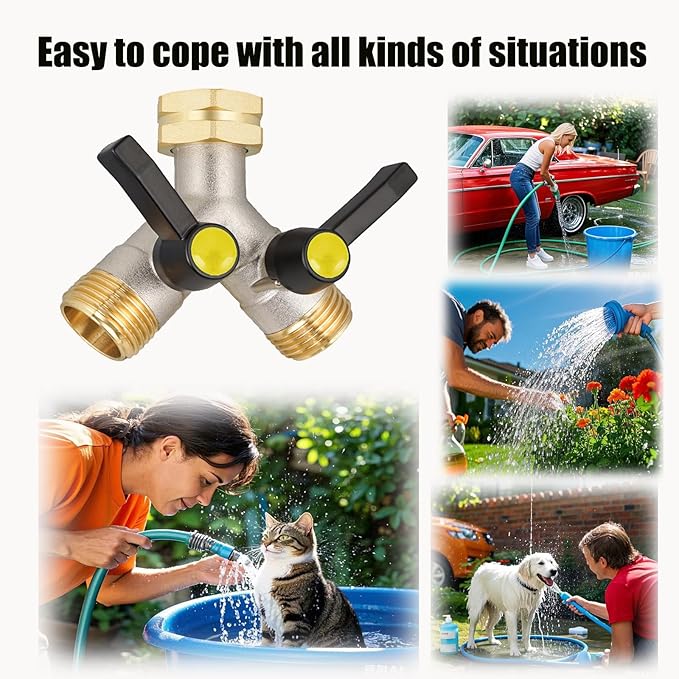 EJW Garden Hose Splitter 2-Way Heavy Duty, Y-Valve Garden Hose Faucet Splitter, 3/4” GHT Threads,Outdoor Faucet Splitter，Brass High Flow, Garden Hose Y-Splitter 2-Way,Y-Valve Full Flow Hose Splitter.