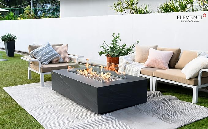 Elementi+ | Cape Town Gas Fire Pit Cast Concrete 56" Rectangular Fire Table, Outdoor Fire Pit Electronic Ignition | Canvas Cover, Fire Glass and Burner Lid Included | Dark Gray | Natural Gas