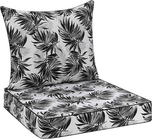 Favoyard Outdoor Seat Cushion 19 x 19 x 3 in Waterproof Pattern Fade Resistant Cover Removable Patio Furniture Cushions Deep Seat & Back Cushion Set with Adjustable Straps for Patio Chair Sofa Couch