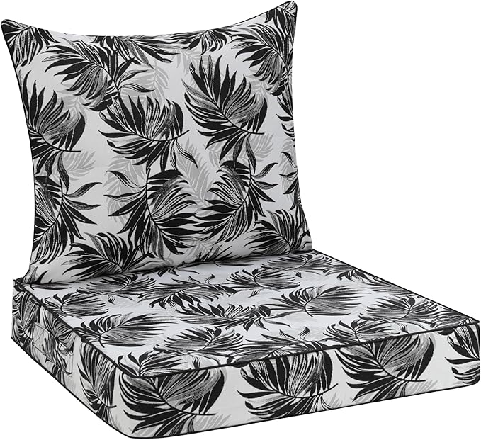 Favoyard Outdoor Seat Cushion 24 x 24 x 4 in Waterproof Pattern Fade Resistant Cover Removable Patio Furniture Cushions Deep Seat & Back Cushion Set with Adjustable Straps for Patio Chair Sofa Couch