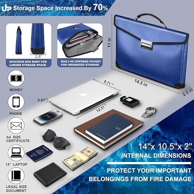 Fireproof Document Bag 14.5"X11"X2.5" Fireproof Money Bag for Cash with Lock and Zipper,Fire&Waterproof Storage Organizer Pouch for Valuables,Legal Document,Laptop,Passport, (Blue)