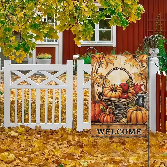 Garden Flag 12X18 Inch Double Side,Pumpkin Fall Yard Flag, Welcome Small Garden Flag,Outdoor Fall Flag for Holiday Outside Patio Decoration