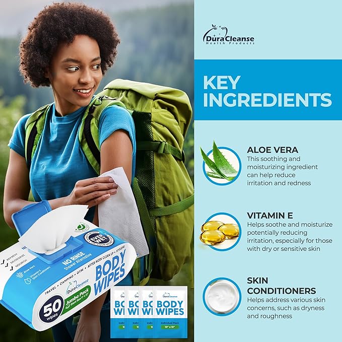 Dura Cleanse Body Wipes for Adults Bathing No Rinse (2 Pack) 100 XL Shower Wipes + 8 Travel Bath Sheets - 9" x 12" Extra Thick Adult Disposable Washcloths for Elderly Incontinence & Camping Essentials