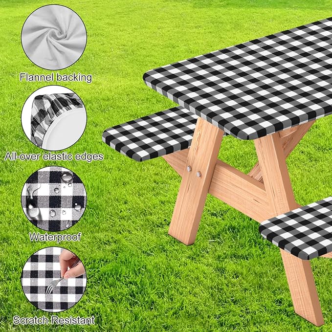3 Pcs Set Fitted Picnic Table Cover with Bench Covers Vinyl Camping Table Cloth Flannel Backing Picnic Table Cloth for 6ft Tables Camping Outdoor (Black Checked, 30 x 72 Inches)