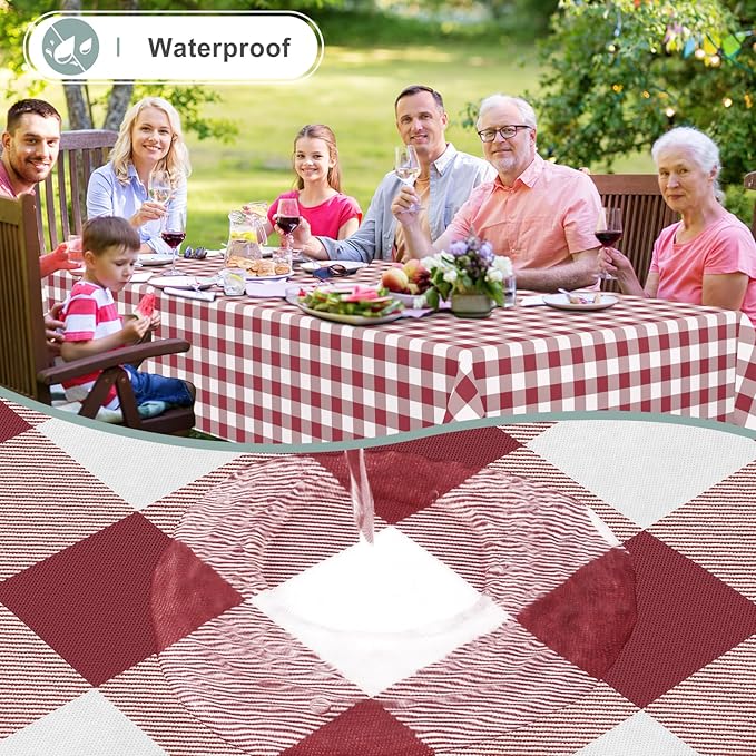 misaya Rectangle Waterproof Vinyl Table Cloth, Buffalo Flannel Backed Tablecloth, Wipeable Plastic Table Cover for Dinner, Kitchen, Outdoor (60" x 102", Burgundy and White)