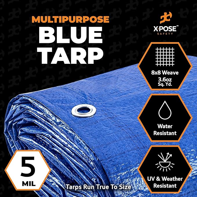Better Blue Poly Tarp 24' x 36' - Multipurpose Protective Cover - Lightweight, Durable, Waterproof, Weather Proof - 5 Mil Thick Polyethylene - by Xpose Safety
