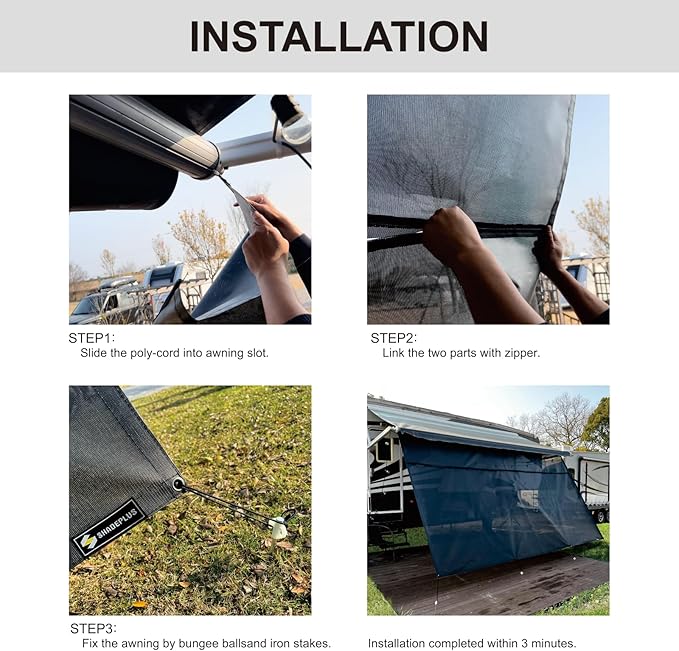 RV Awning Sun Shade Screen 8'x16'3''(Fit for 17' Awning),Black Mesh Shade Screen with Zipper,Universal Trailer Camper Awning Screen with Complete Kits,Improves Shadow and Privacy.