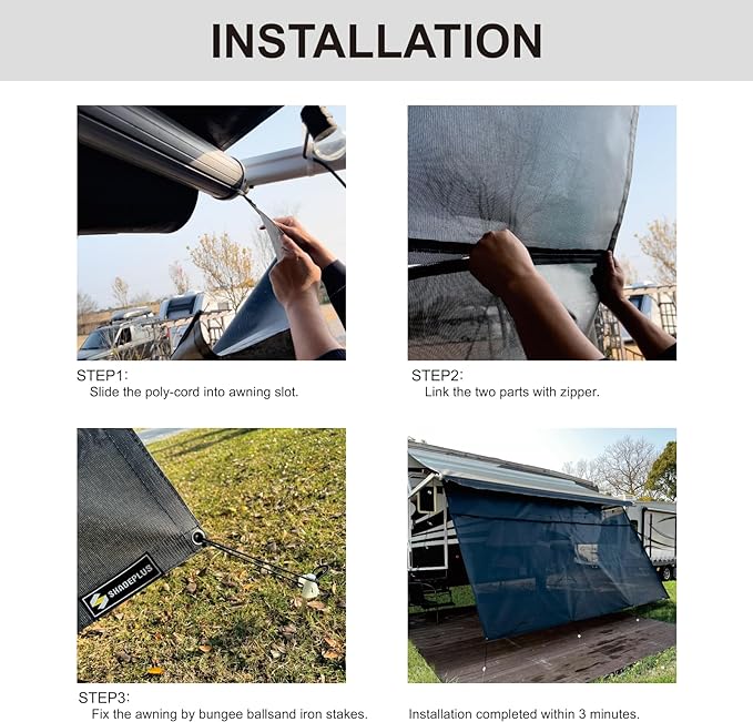 RV Awning Sun Shade Screen 8'x12'3''(Fit for 13' Awning),Black Mesh Shade Screen with Zipper,Universal Trailer Camper Awning Screen with Complete Kits,Improves Shadow and Privacy.