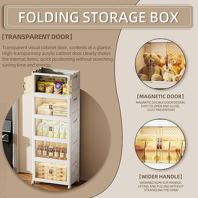 424 QT / 106 Gal Magnetic Door Storage Bins Collapsible Stackable w/1 Lid, Heavy Duty Plastic Cabinet with Wheels for Home Office Organization (White)