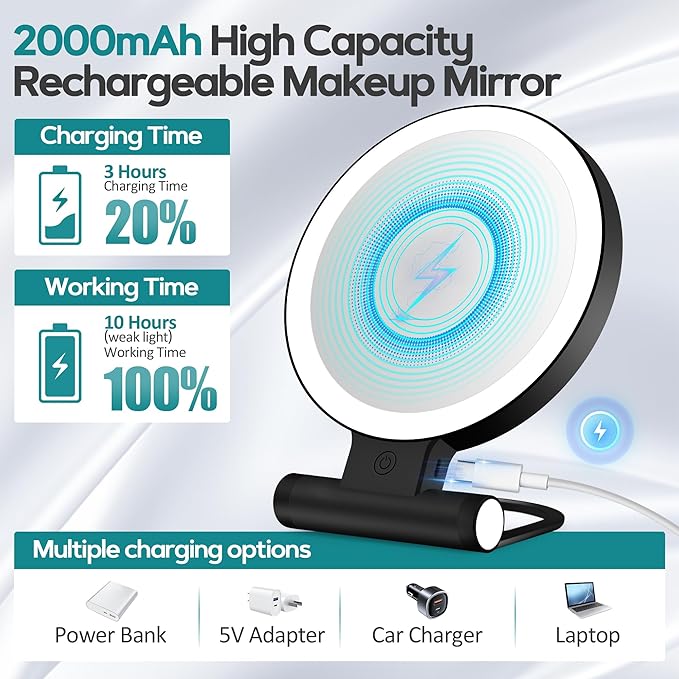 B Beauty Planet Magnifying Mirror with Light 30X, Double-Sided 1X/ 30X Magnifying Makeup Mirror with Tweezer, 2000mAh 3 Colour Modes with Adjustable Brightness,Foldable Compact Travel Mirror(Black)