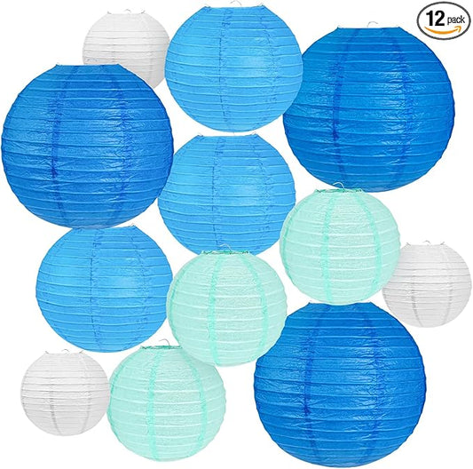 12Pcs Blue and White Paper Lanterns Assorted Sizes (6" 8" 10" 12") for Home Decor, Wedding, Birthday, Mamma Mia Party Decorations, Hanging Chinese Japanese Paper Lantern (3 Blue Colors)
