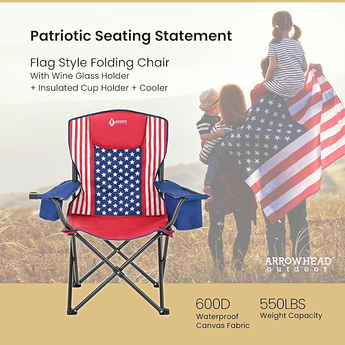 ARROWHEAD OUTDOOR Portable Folding Camping Quad Chair w/ 6-Can Cooler, Cup & Wine Glass Holders, Heavy-Duty Carrying Bag, Padded Armrests, Headrest & Seat, Supports up to 550lbs, USA-Based Support