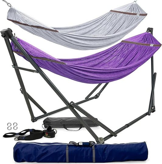 Tranquillo Combo x2 Hammocks with Stand for Outside & Tree Straps, Heavy Duty Hammock with Stand 600lbs for Indoor Outdoor Patio Backyard, x2 Hammocks for 2 Person, Portable Carrying Bags, Purple