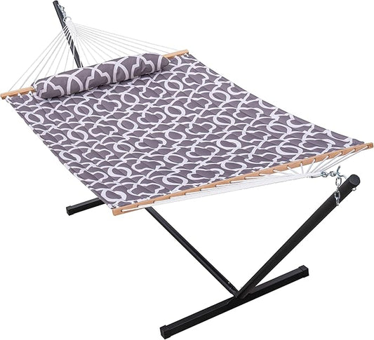 Lazy Daze Quilted Fabric Hammock with 12-Foot Stand, Double 2-Person Hammock with Pillow for Outdoor Outside Patio, Garden, Backyard, 450LB Capacity, Gray Print