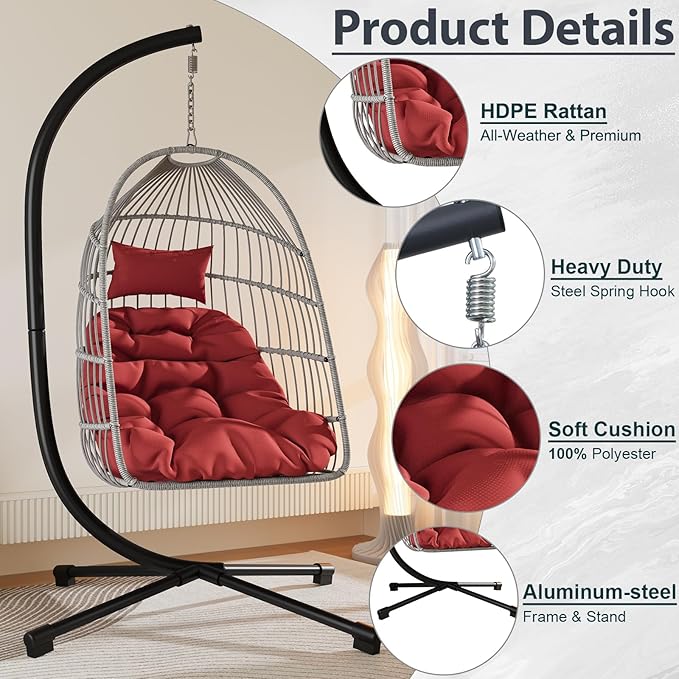 Foldable Hanging Egg Chair with Stand, HDPE Rattan and Heavy Duty Aluminum-Steel Frame, Outdoor Patio Wicker Swing Egg Chair with Headrest and Cushioned, 350 Lbs Capacity (Burgundy Red)