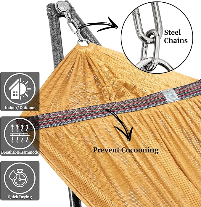 Tranquillo Universal Double Hammock with Stand Included for 2 Persons/Foldable Hammock Stand 600 lbs Capacity Portable Case - Inhouse, Outdoor, Camping, Yellow