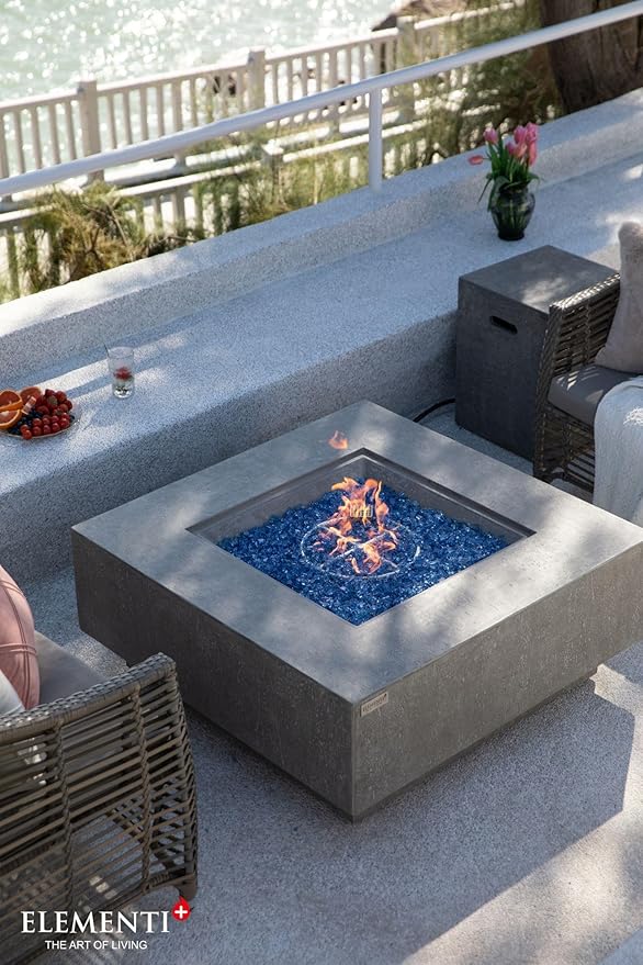 Elementi+ | Victoria Gas Fire Pit Cast Concrete 40" Square Fire Table, Outdoor Fire Pit Electronic Ignition | Canvas Cover, Fire Glass and Burner Lid Included | Light Gray | Propane Gas