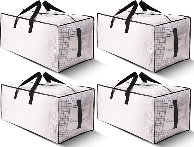 4 Pack Large Strong Moving Bags with Zippers & Carrying Handles - Water-Resistant - Heavy Duty Storage Tote for Space Saving, Fold Flat, Alternative to Moving Box (Semi-Transparent)