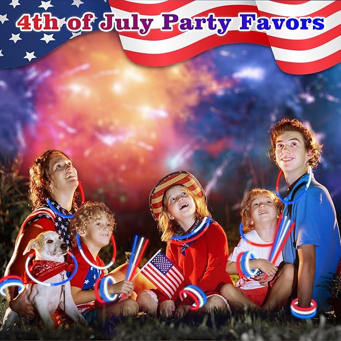 Bulk Patriotic Red White Blue Glow Sticks 300 PCS,Light Up Bracelets Necklaces Accessories for Kids,Glow Party Favors Supplies Decorations for Independence Day, America July Parade, Birthday, Pool