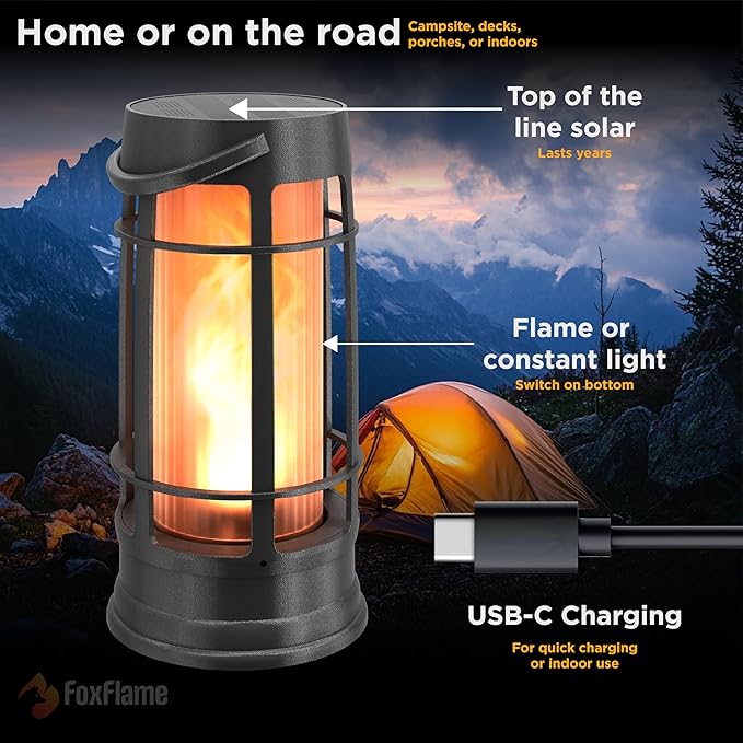 Metal Outdoor Solar Lantern, Flickering Solar Lanterns Outdoor Waterproof with Patented LED, Outdoor Lanterns for Porch, Patio, Garden, Tabletop, Hanging Use, Matte Black (1 Pack)