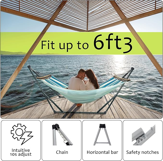 Tranquillo Sturdy Steel Hammock with Stand Premium Cotton Canvas Hammock, 600 lbs Capacity Hammock Stand Folding, Portable 30-Second Fold Unfold for Camping, (Canvas - Blue Leaf)