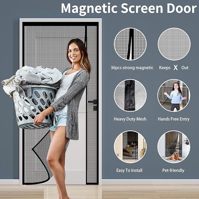 Fiberglass Magnetic Screen Door, Sunmoxia Reversible Left Right Side Opening Heavy Duty Reinforced Mesh Auto-Closing Door Curtain, Fits Doors up to 36" x 82"