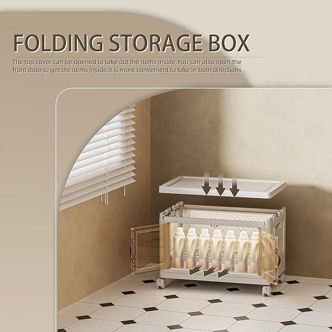 36 QT / 9 Gal Stackable Storage Bins (1 Lid) w/Wheels & Magnetic Doors, Collapsible Plastic Organizer Cabinet for Closet Office Garage - White Storage Containers