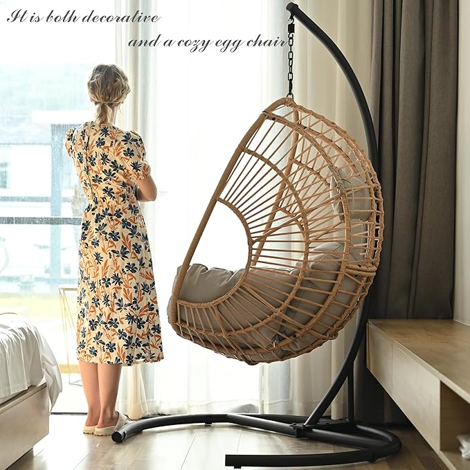 Hanging Egg Chair with Stand - Egg Swing Chair Outdoor Indoor Patio Wicker Chair Swing Hammock Egg Chairs 400lbs Capacity for Outside Patio, Bedroom, Garden, Balcony（Beige-Regular, 1PC
