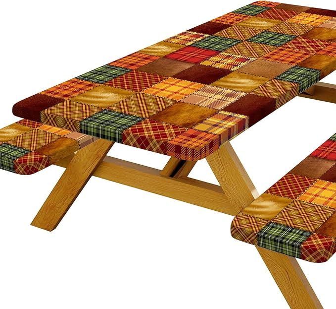 JAWO Picnic Table Covers with Bench Covers Camping Fall Autumn Tablecloth 6FT for 6 Person Fitted Picnic Table Cover with Elastic Windproof Waterproof Fabric, Camping Accessories Patio & Outdoor