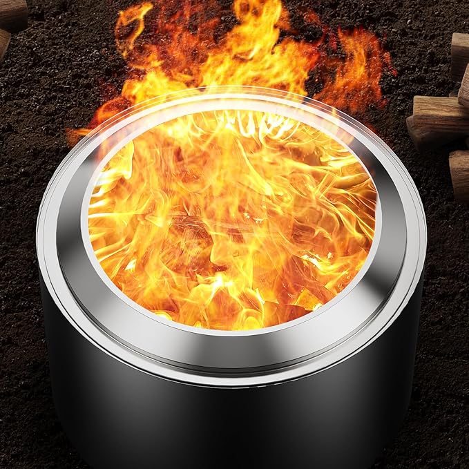 22 inch Smokeless Fire Pit with Waterproof Cover, Stainless Steel Outdoor Smokeless Firepit, Wood Burning Fire Pits for Camping, Bonfire,Low Smoke Firepit for Outside[Black]