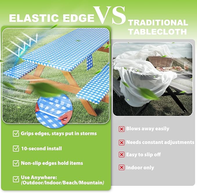 Fitted Picnic Table Cover with Bench Covers Waterproof Elastic Edges Rectangle Patio Tablecloth Outdoor Camping Essentials Stuff Rv Accessories Summer Trip Travel Supplies Party Camper Gifts, 8 ft