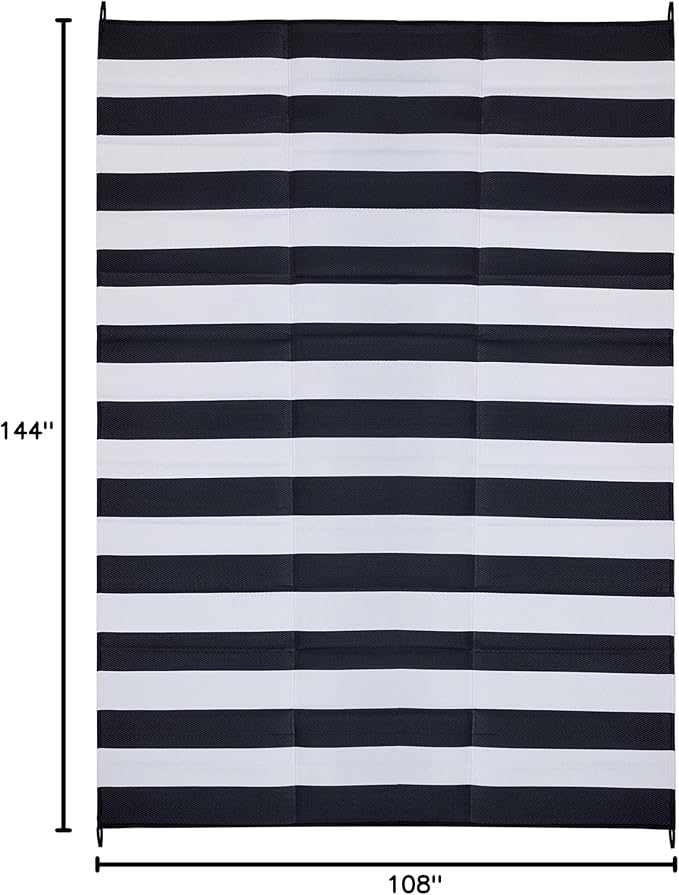 FH Home Outdoor Camping Rug - Waterproof, Fade Resistant, Reversible - Premium Recycled Plastic - Striped - Large Patio, Deck, Sunroom, RV - Brittany Stripe - Black & White - 9 x 12 ft Foldable