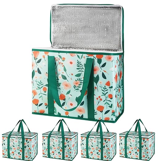 Bodaon 5-Pack Cooler Insulated Food Delivery Bag, Thermal Hot Pizza，X-Large Bags With Top Zippered for Grocery/DoorDash/Catering/Shopping, Large Cold and Frozen Door Dash Accessories, XL Tote, Flower