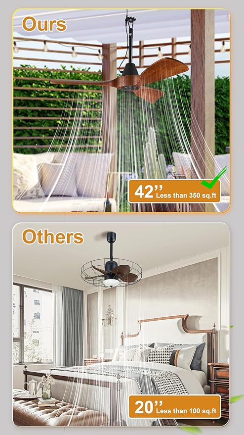 3 Blades Wood Outdoor Ceiling Fan for Patios, Farmhouse Rustic Ceiling Fans, 42" Plug-in Wet Rated Outdoor Gazebo Fan for Exterior House Porch Patio, Waterproof,F248