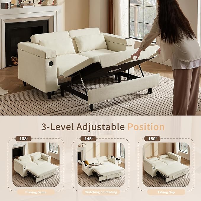 66" Pullout Couch Sleeper Sofa with Hidden Side Table, Storage Armrests & USB Charging – Convertible Sofa Bed with Spring Mattress & Wood Frame, Great for Small Spaces (ZY-2027-White)