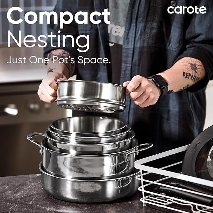 CAROTE 14pcs Stainless Steel Cookware Set with Detachable Handle, Nonstick Pots and Pans Set, Induction Kitchen Cookware Sets with Removable Handle, RV Cookware Set, Oven Safe, Camping Cookware, Black