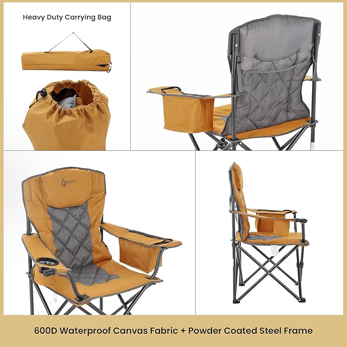 ARROWHEAD OUTDOOR 2-Pack Portable Folding Camping Quad Chair w/ 6-Can Cooler, Cup & Wine Glass Holders, Heavy-Duty Carrying Bag, Padded Armrests, Headrest & Seat, Supports up to 550lbs