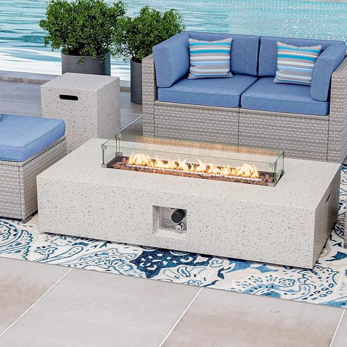 COSIEST 2-Piece Outdoor Propane Fire Table Set, Rectangle Concrete 56-inch x 28-inch Fire Pit (CSA Certified, 50,000 BTU) w 20lb Tank Table, Wind Guard, Waterproof Cover for Garden, Porch, Backyard