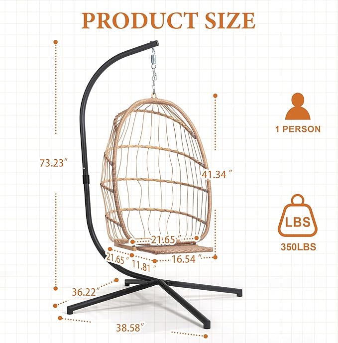 Yechen Hanging Egg Chair with Stand and Footrest for Indoor Outdoor, Foldable Wicker Rattan Patio Egg Swing Chairs Hammock Egg Chair with UV Resistant Cushion for Bedroom Porch, 350 Lbs Capacity