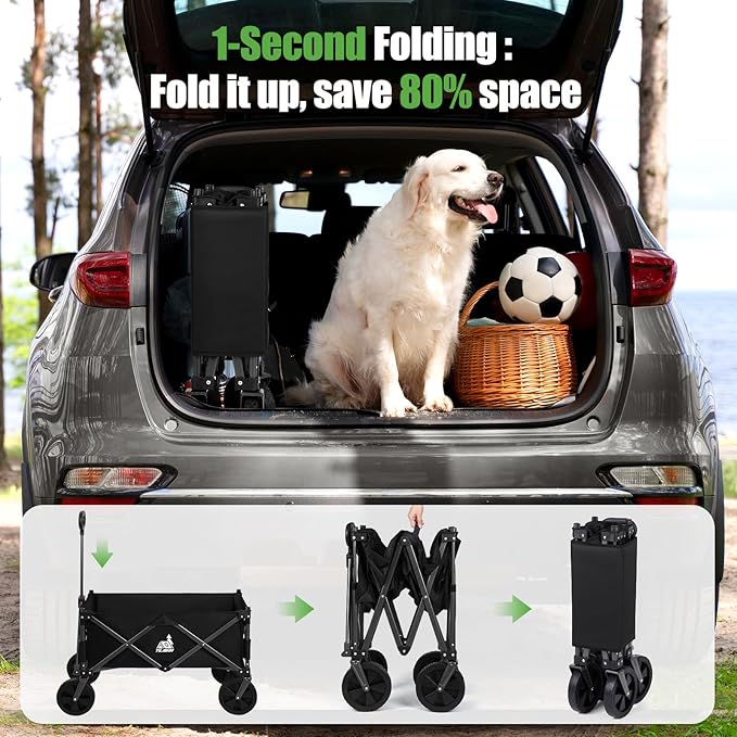 Collapsible Wagon Carts with Large Capacity, Foldable Grocery Cart with Side Pockets for Outdoor,Utility Beach Wagons Heavy Duty,300lb Load-Bearing for Camping, Garden, Sports, Shopping-Black