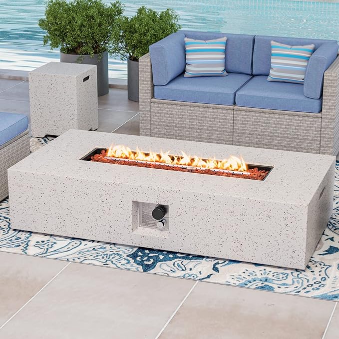 COSIEST 2-Piece Outdoor Propane Fire Table Set, Rectangle Concrete 56" Rectangular Fire Pit, CSA Certified, 50,000 BTU, w 20lb Tank Table,Waterproof Cover for Garden, Porch, Backyard
